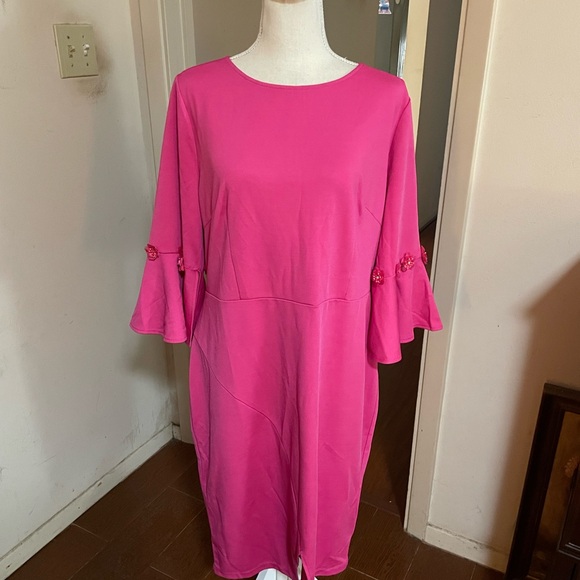 Misslook Pink Midi Dress Size knit spandex bell floral beaded sleeves size 14 - Picture 4 of 16